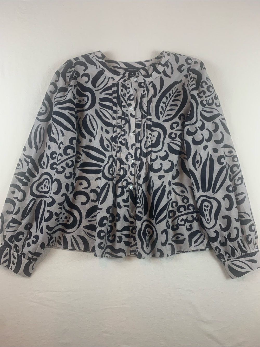 Banana Republic Factory Blouse Viscose Linen Black & Taupe Button Front NWT